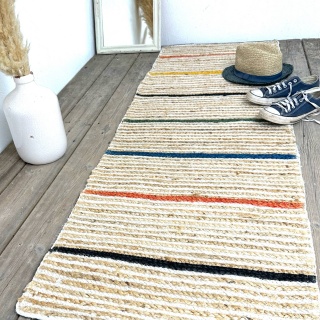 Hallway or entrance jute rug runner with colourful pinstripe design  60cm x 180cm